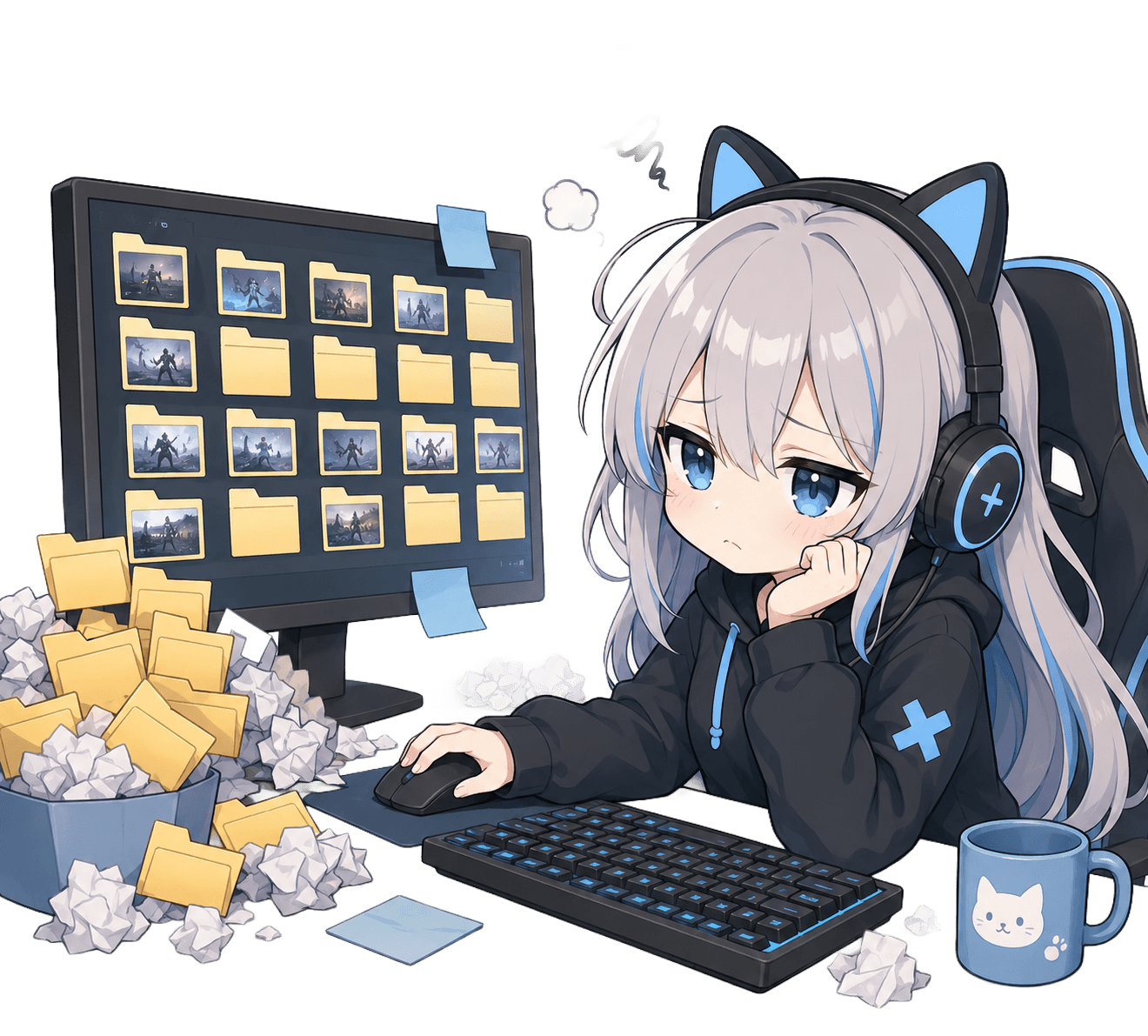 戦闘以外のシーンを含んだクリップがフォルダーにたまって困っている様子のイラスト